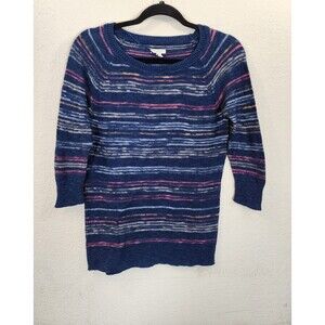 Sonoma Womens Sweater S Blue Striped Space Dye Knit Cotton Pullover 3/4 Sleeve